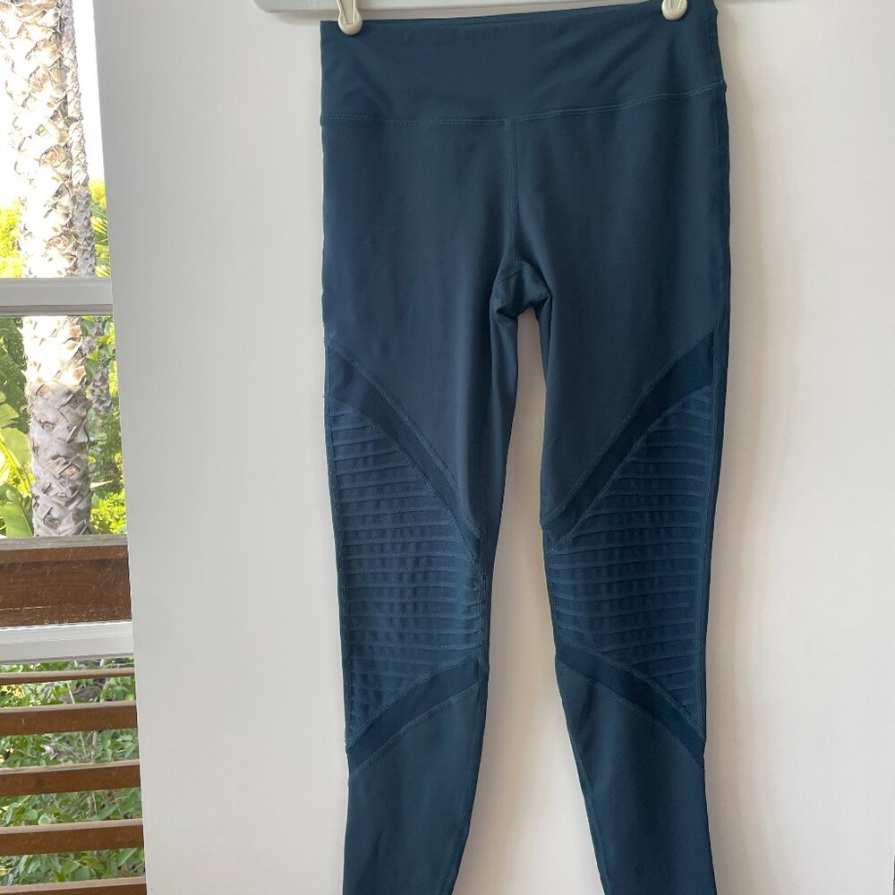 Mono B Ribbed Burnout Mesh Contrast Leggings in Green, Back Zipper Pocket, Small